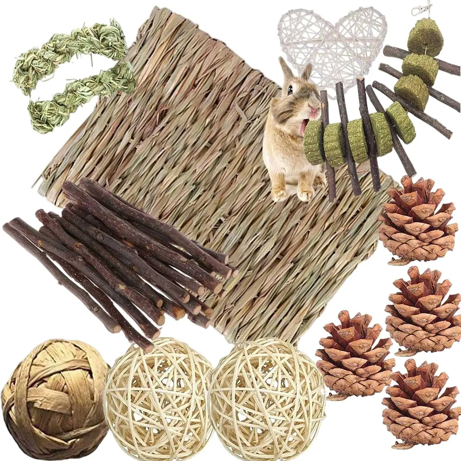 Bunny Hamsters Chew Toys Set, Straw Woven Bed Mat& Rabbit Pet Tooth Organic Natural Apple Wood Grass Cake Ideal for Chinchilla, Guinea Pigs, Syrian Rat,birds,Teeth Grinding&Hámster Conejo(22Pieces),Halloween,