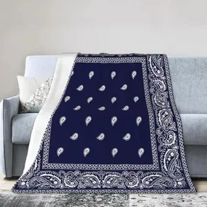 Soft Comfort Funny Navy Blue Bandana Paisley Border Print Fleece Throw Blanket, Baby Blankets and Adult Blankets, Ultra Cozy Lightweight All Season Cover For Sofa, Bed & Bedroom Decor, Viral Western Retro Aesthetic Household Blanket, Ideal Birthday Hallow