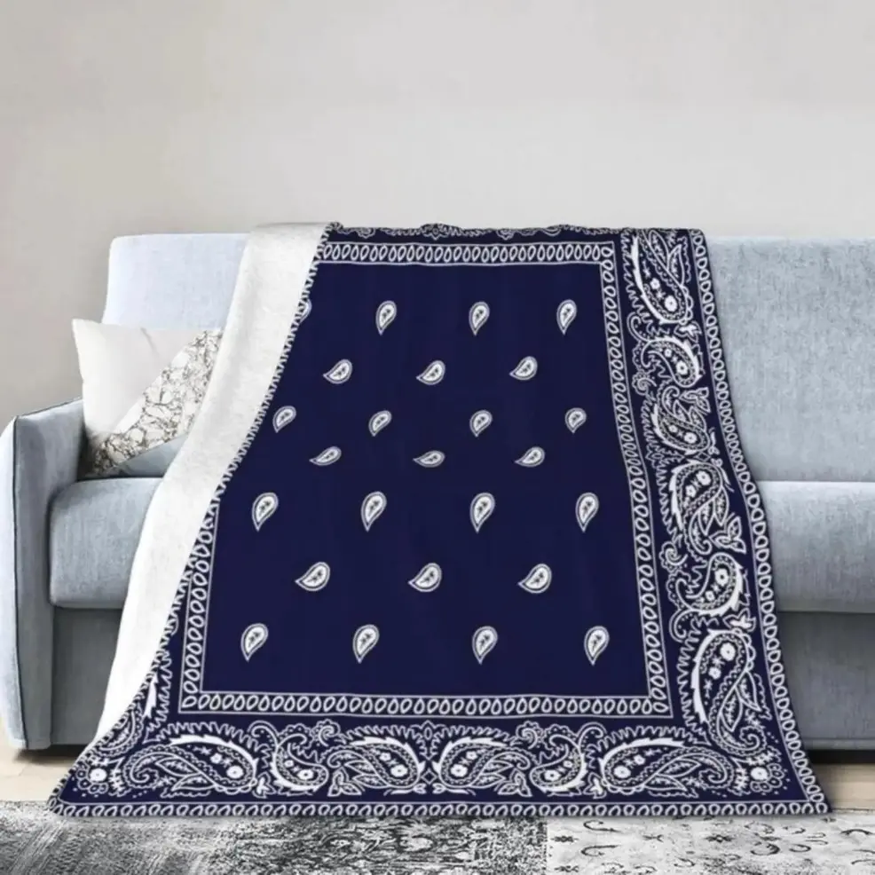 Soft Comfort Funny Navy Blue Bandana Paisley Border Print Fleece Throw Blanket, Baby Blankets and Adult Blankets, Ultra Cozy Lightweight All Season Cover For Sofa, Bed & Bedroom Decor, Viral Western Retro Aesthetic Household Blanket, Ideal Birthday Hallow