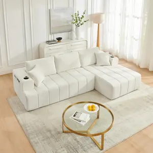 108" L-Shaped Chenille Sectional Sofa, Cloud Style Boneless Sofa with Chaise, Modern Upholstered Couch with Cup Holders & Side Pockets, Compression Sofa for Living Room, No Assembly Required, Beige