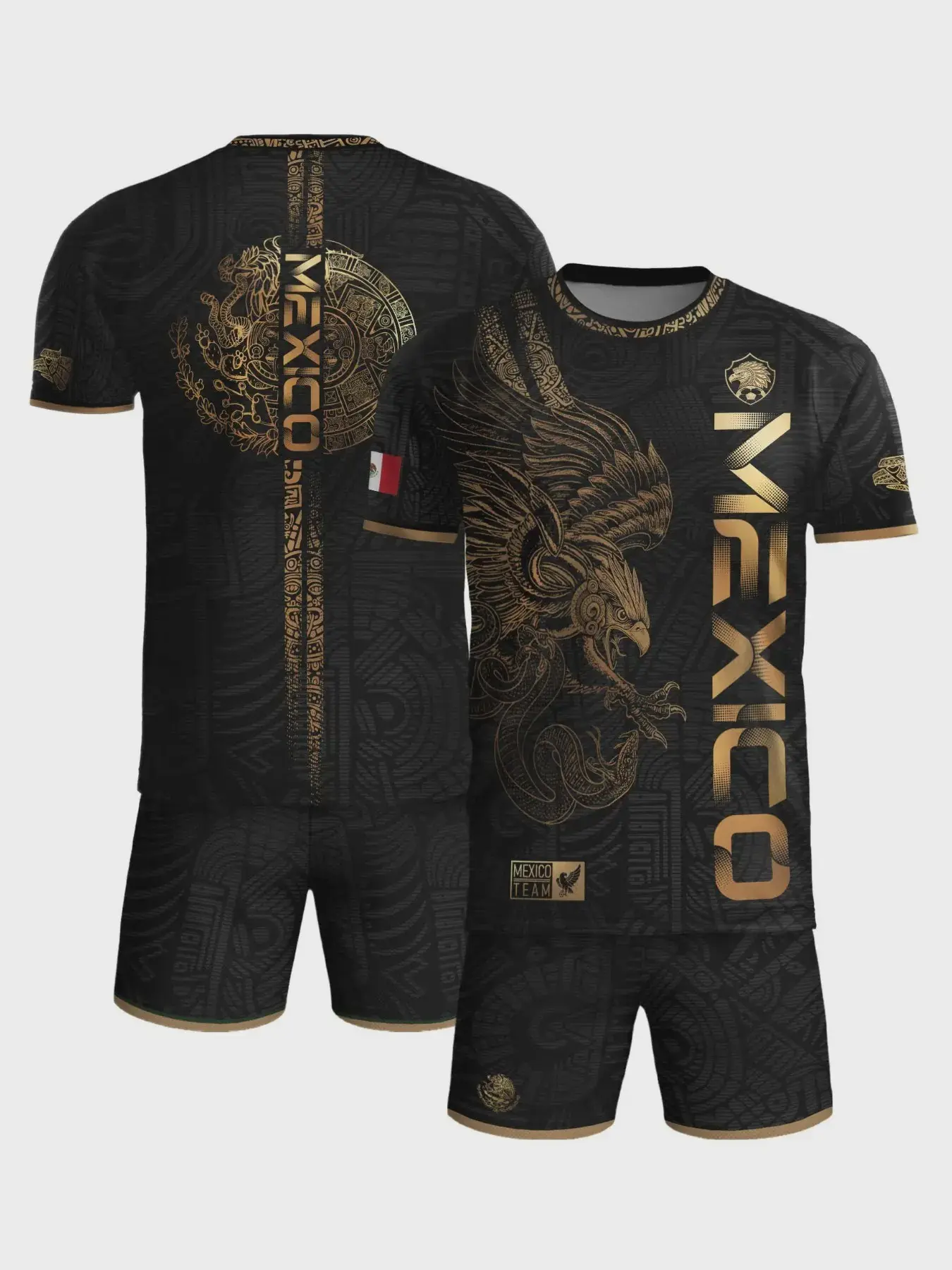 Mexican Golden Eagle Aztec Warriors Football Suit, Sports Shirt and Pants, Casual Short Sleeved T-Shirt and Shorts Set, All Seasons