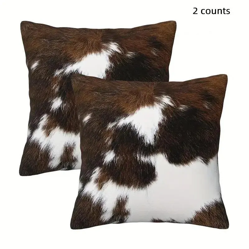 2 Counts Cowhide Animal Faux Fur Throw Pillow Covers, Decorative Cushion Cases for Bedroom Living Room Sofa Bed