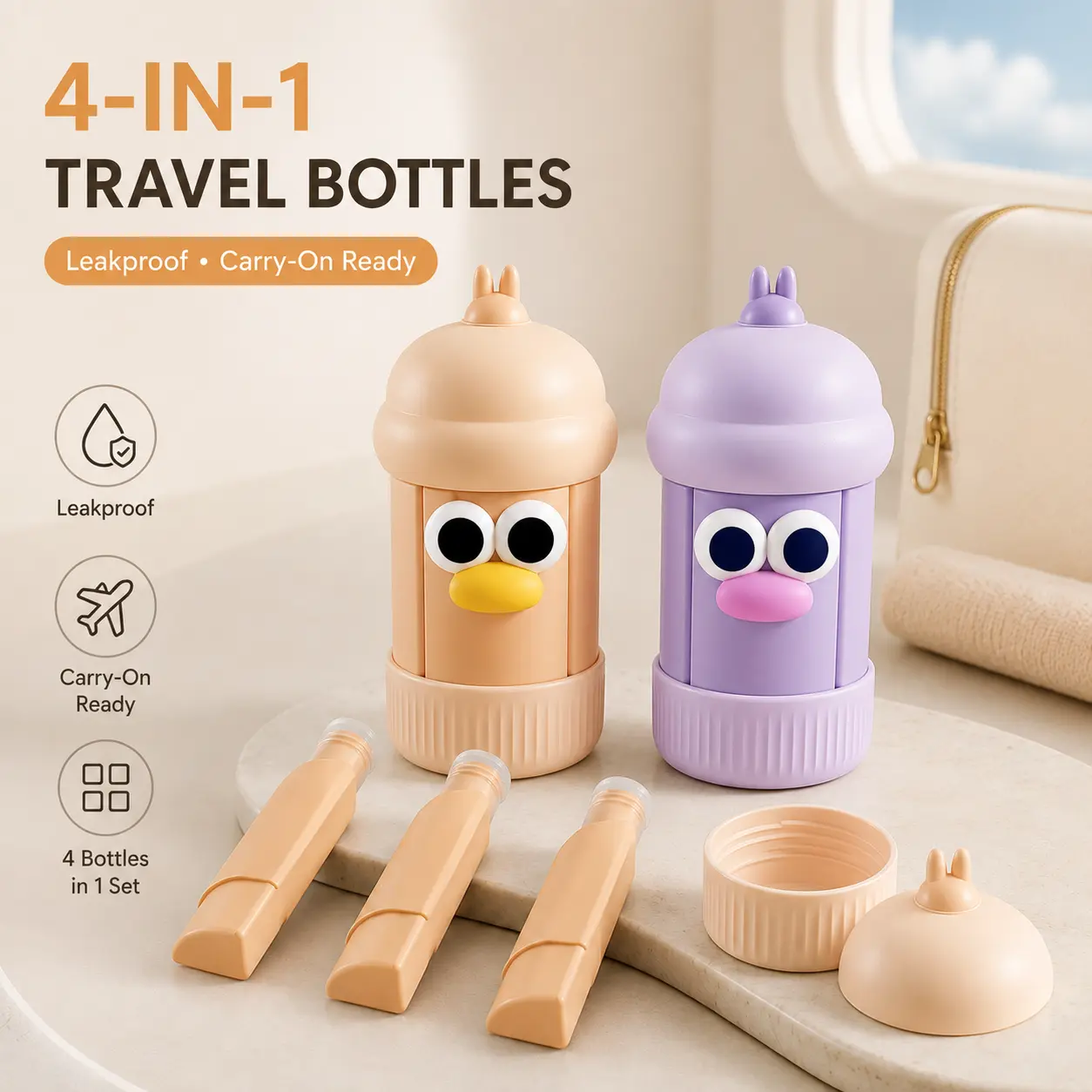 4-in-1 Silicone Travel Bottles Set, Leak-Proof Portable Storage Containers for Shampoo, Lotion, Body Wash, Soft Squeeze Lightweight Toiletry Bottles for Short Trips & Outdoor Use