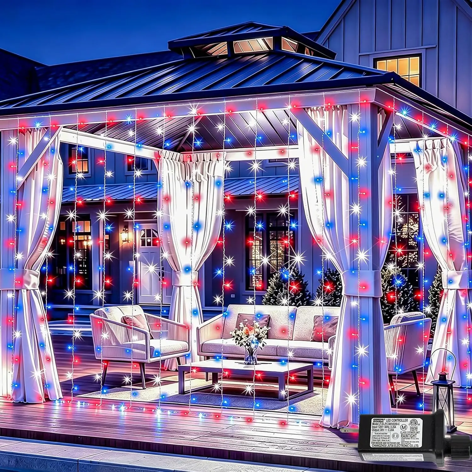 QITONG 300 LED Red White Blue Curtain Lights, 9.8*9.8ft 4th of July Lights with Plug in, 8 Modes Patriotic Hanging String Lights for Bedroom Indoor Independence Memorial Backdrop Decor