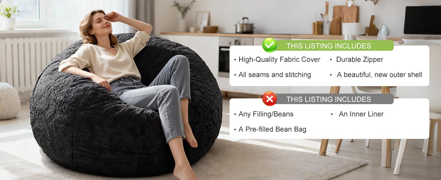 (No Filler Bean Bag Chair Cover Without Filler,Big Round Soft Fluffy PV Velvet Washable Bean Bag Lazy Sofa Bed Cover for Adults,Living Room Bedroom Furniture Outside,5ft Dark Grey