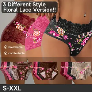 4/5 Pack S-XXL Floral Lace Triangle Briefs, 3-in-1 Lace Style Set: Lace Waistband + Side Lace Trim + Allover Lace, Mid Waist Shaping Tummy Control Panties, Soft Comfy Cotton Breathable for Everyday or Date Night 1408/1438/1484
