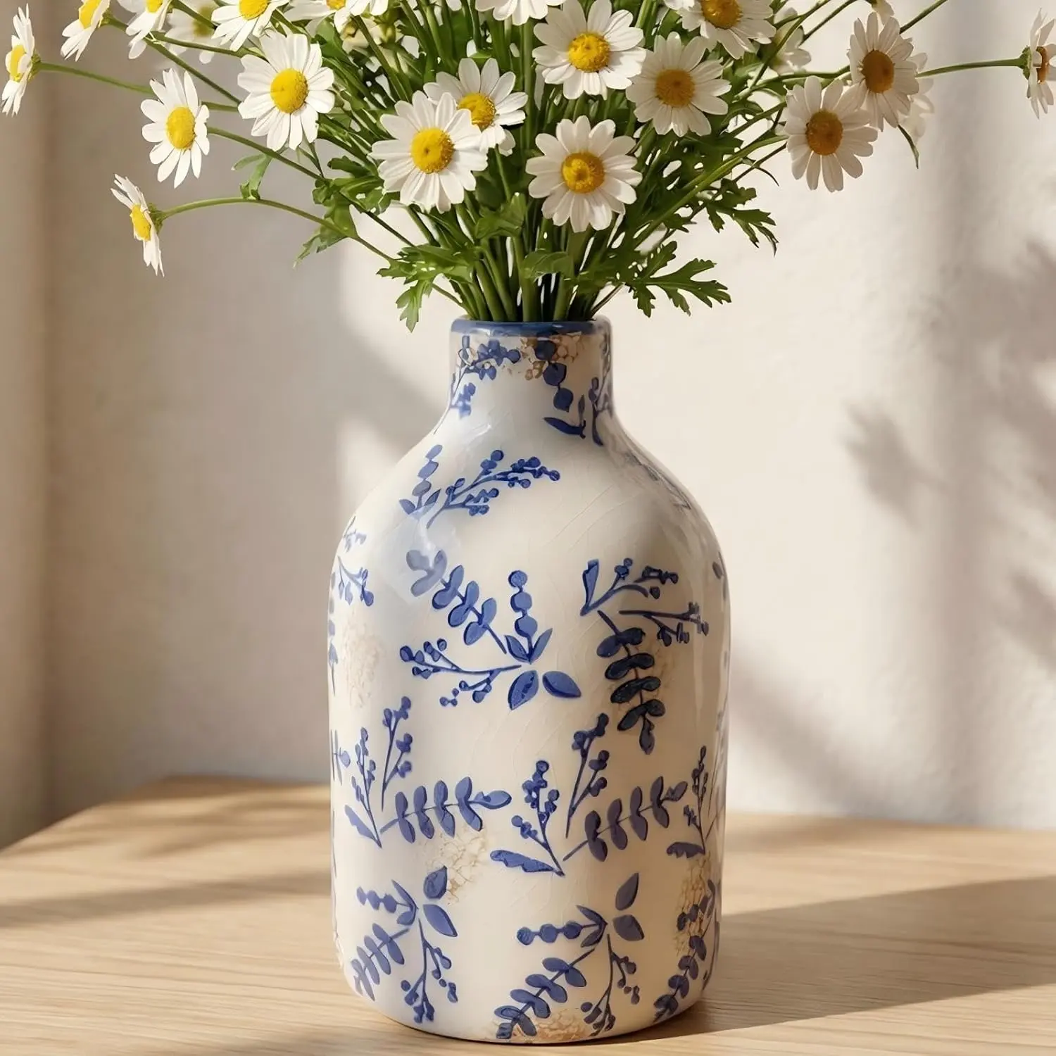 Blue and White Ceramic  Vase, 9.8 inch Chinoiserie Antique Style, Ice Crackle Flower Decorative Porcelain for Centerpieces, Living Room, Mantle, Table Shelf,  Country Decor