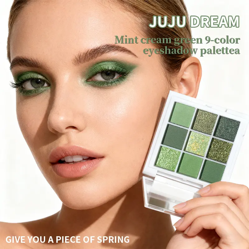 JUJU DREAM 9 Shades Mint Cream Green Eyeshadow Palette, Fresh Spring All-Green Tone System, Silky Blendable Pigment With Minimal Flyaway Powder, Create Fresh Daily Spring Eye Look, Edgy Grunge Smoky Green Eye & Dazzling Forest Glitter Party Eye Styles