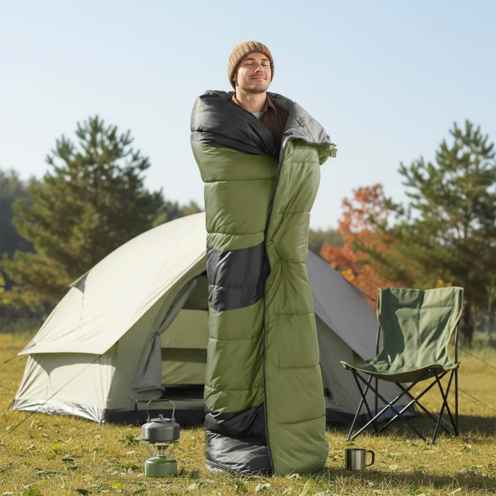 Rectangular Heated Sleeping Bag, Lightweight Sleeping Bag with Multi USB Powered Heating Pads,  Waterproof Compact Envelope Sleeping Bag for Backpacking Hiking, Green