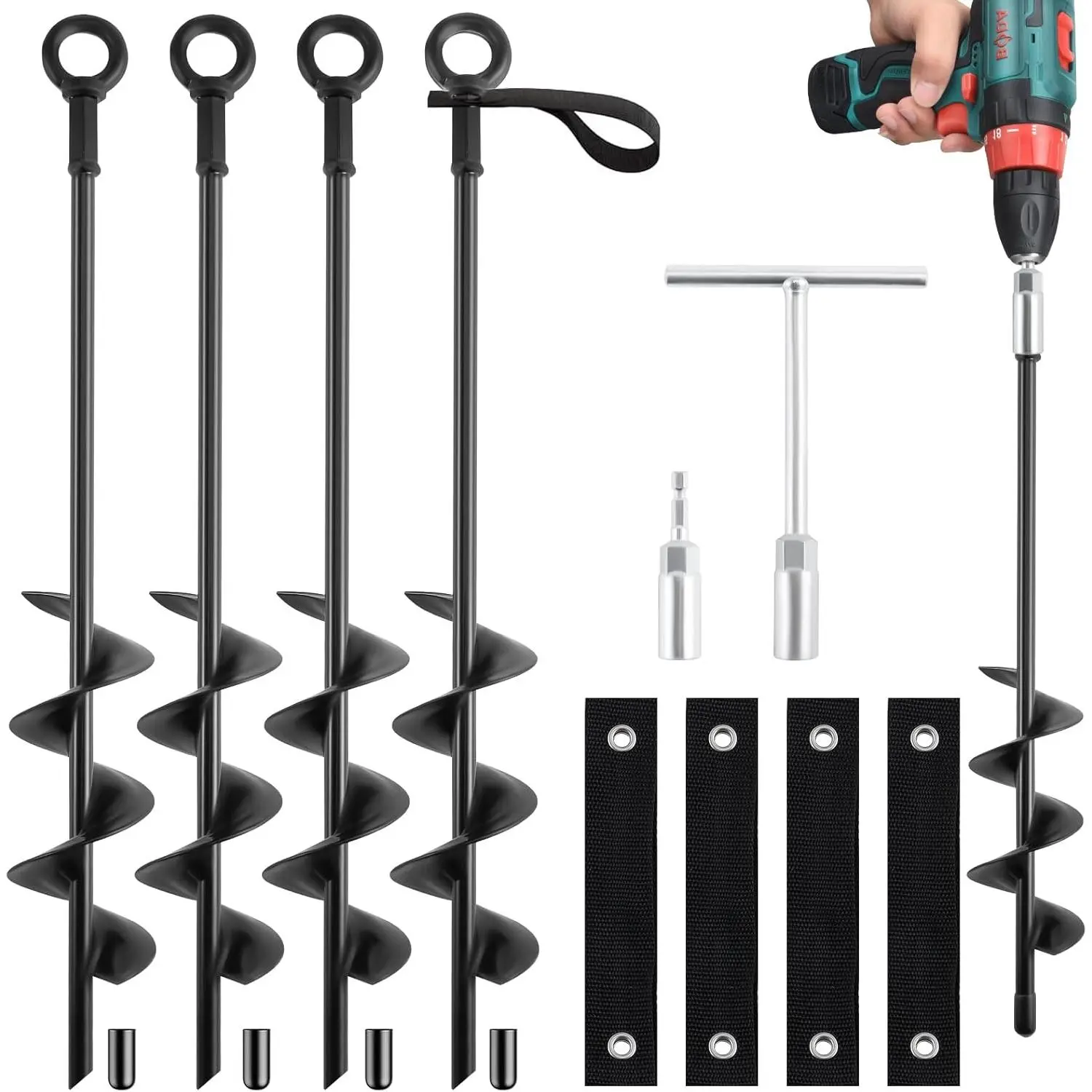 18-Inch Ground Anchors Screw In Heavy Duty, 4 Pack Trampoline Anchors & Stakes High Wind With Wrenches And Straps, Earth Anchors Kit For Swing Sets, Sheds, Camping Tent, Canopies, Mobile