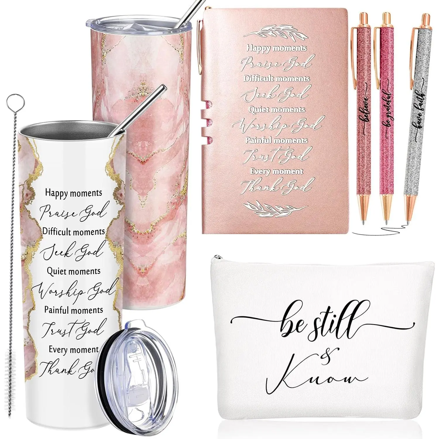 Domensi 6 Pcs Fathers Day Christian Gifts for Women Men 20 oz Tumbler Marble Sign Makeup Bag A6 Notepad with Ballpoints Religious Gift for Mom Dad Men Grandma Godmother Sunday School Church(Rose Pink)