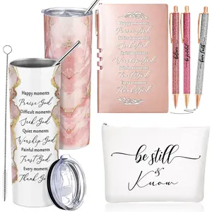 Domensi 6 Pcs Fathers Day Christian Gifts for Women Men 20 oz Tumbler Marble Sign Makeup Bag A6 Notepad with Ballpoints Religious Gift for Mom Dad Men Grandma Godmother Sunday School Church(Rose Pink)