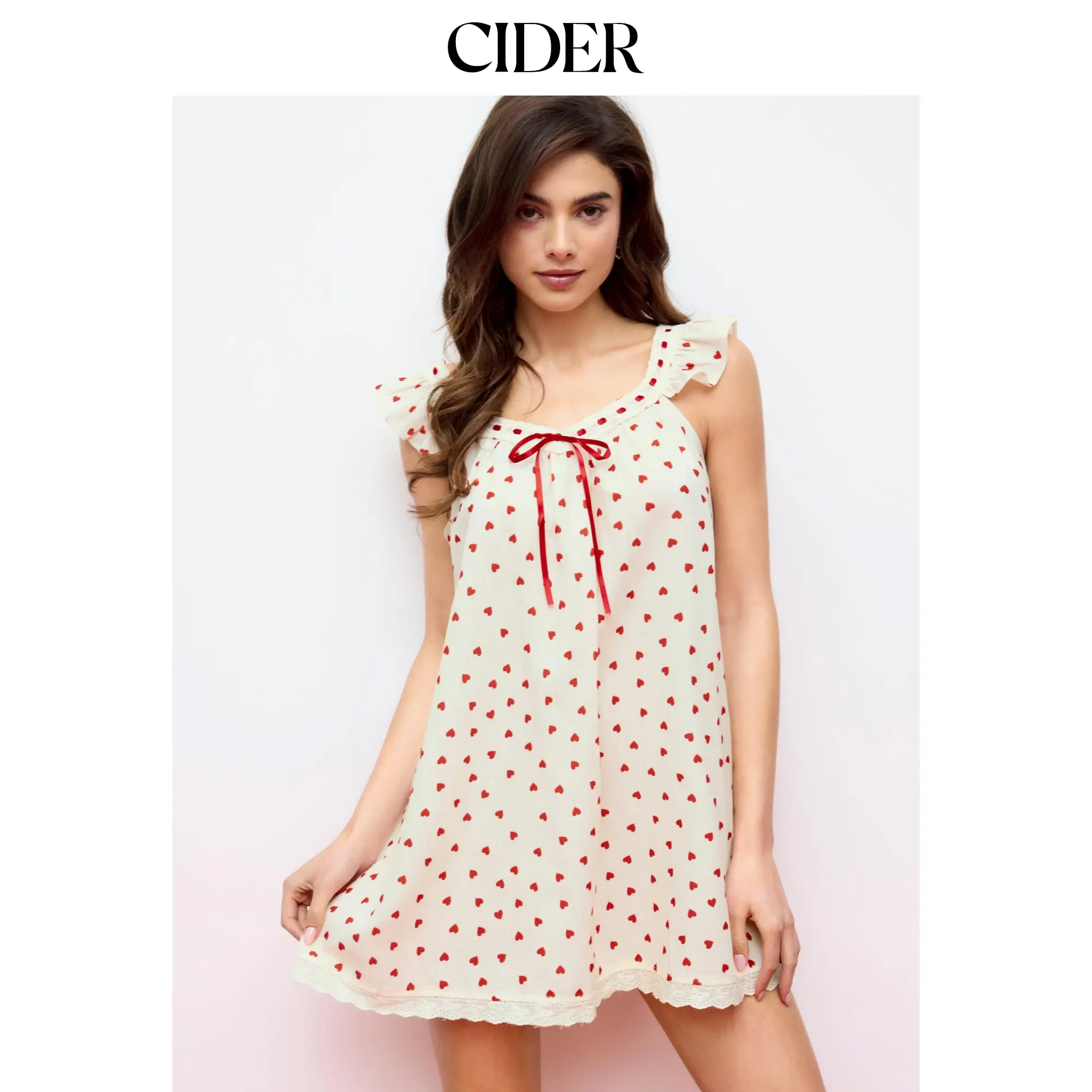 Cider Heart Graphic Bowknot Ruffled Lace Trim Mini Nightdress