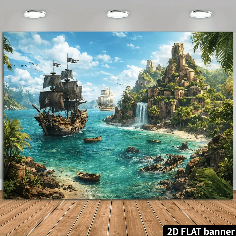 HD Digitally Printed 2D Flat Polyester Photography Backdrop Sheet - Pirate Ship, Tropical Island Bay, Boats Design - Soft, Lightweight, Foldable Indoor Cloth for Portrait Photos, Video Creators