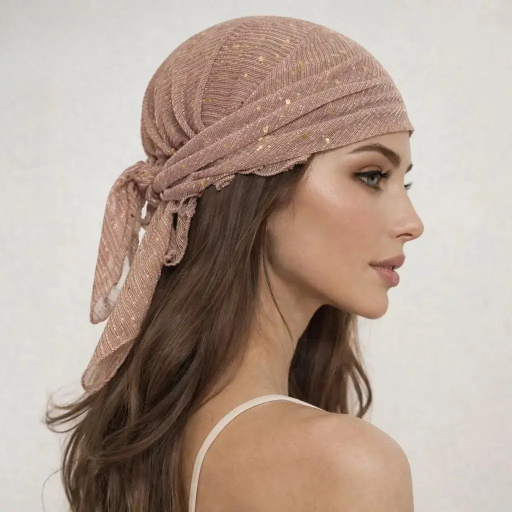Boho Sequin Turban for Women, Lightweight Polyester Head Wrap with Shimmering Gold Dots for Everyday Casual Styling and Sun Protection