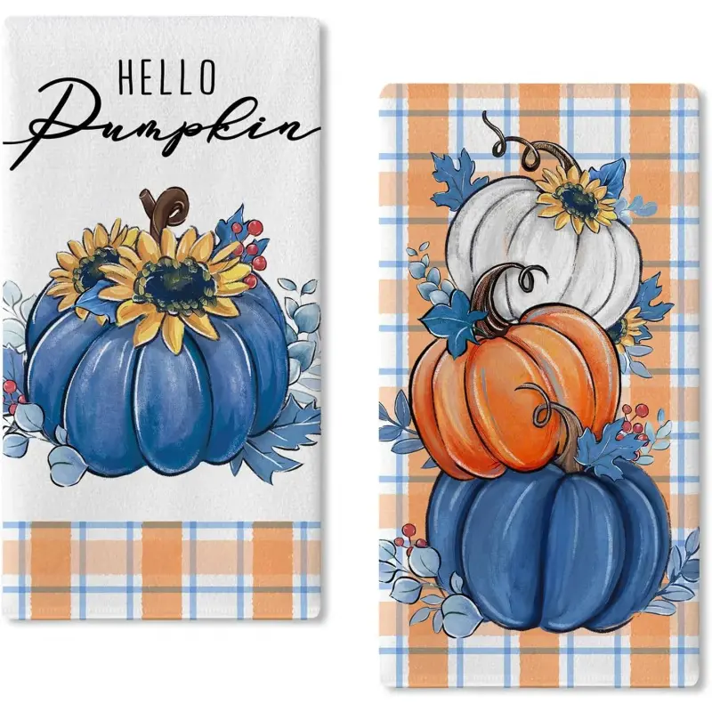 Autumn Pumpkin Pattern Kitchen Towel Set (2 pieces), Autumn Orange Checkered Towel, Handkerchief, Sunflower Pattern, suitable for drying, baking, cooking, Thanksgiving farmhouse/country-style home kitchen decor, size 16 x 24 inches.