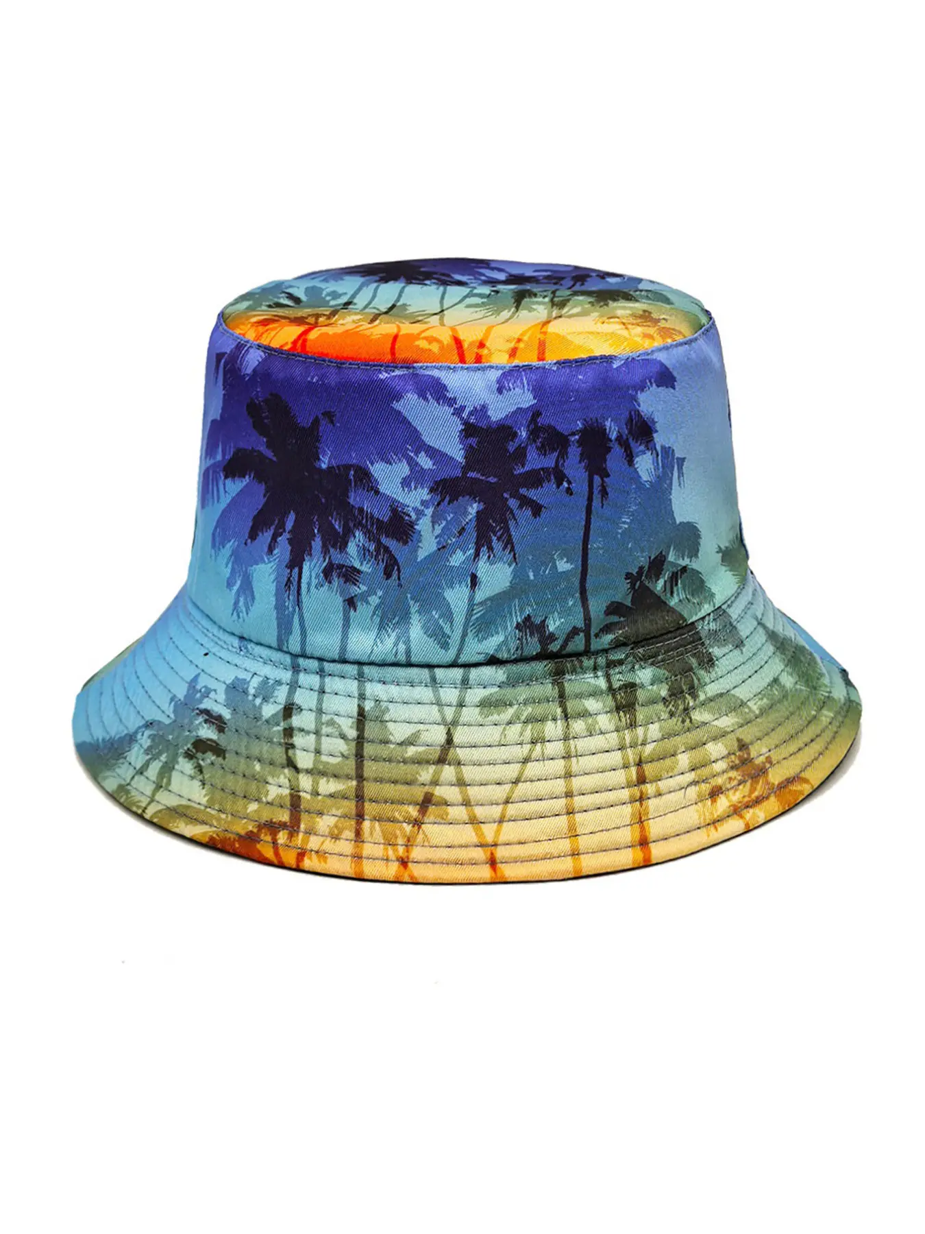 Hawaii Coconut Tree Beach Print Two-Sided Fisherman Hat, Spring Summer Coastal Vacation Outdoor Versatile Casual Hat