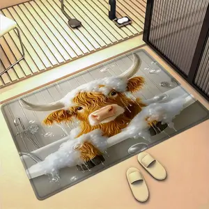 1pc Bath Highland Cow Bath Mat Cute Funny Design, Absorbent and Non-Slip for Bathroom & Home Decor, Modern Polyester Indoor Rug