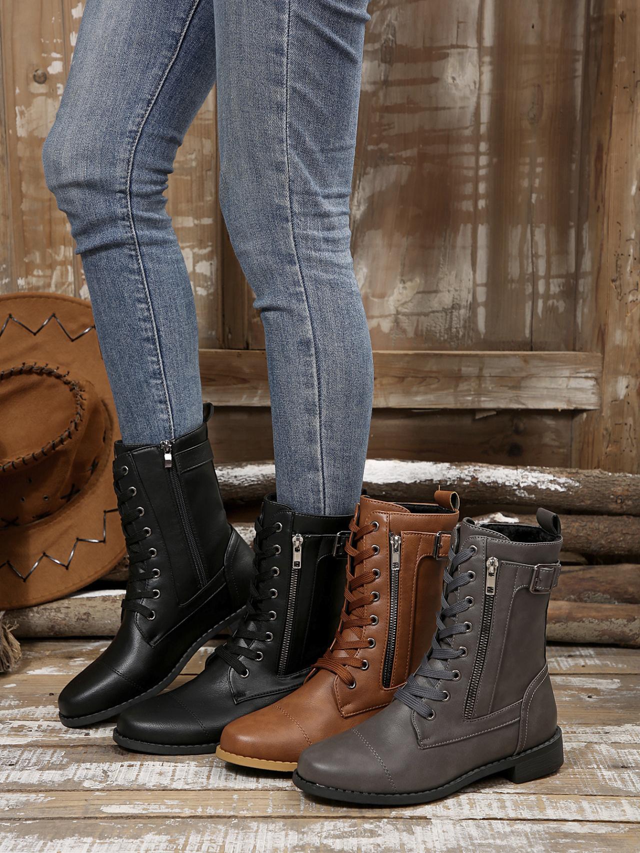 British Vintage Women's Autumn/Winter New Style  Fashion Chunky Heel Comfortable Side Zipper Solid Color Belt Decorated Ankle Boots, Women Shoes