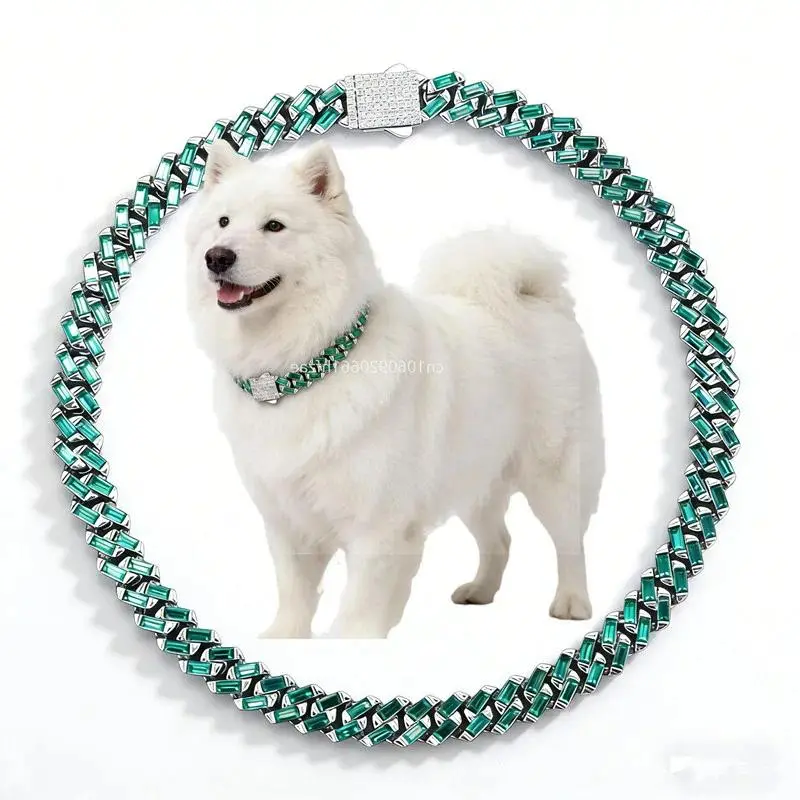 New Dog Collars Bling 13mm Green Stone Diamondd Cuban Chain Cat Necklace Gold Silver Color Pet Jewelry Accessories