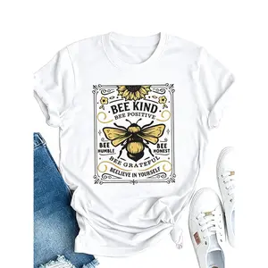 Women's Bee Kind Bee Positive Bee Print T-Shirt - Short Sleeve Casual Round Neck Top with Bumblebee & Honeycomb Design, Brown & Golden Bee Motif for Spring Summer Fall, Machine Washable Casual Attire, Beekeeper Inspired Apparel