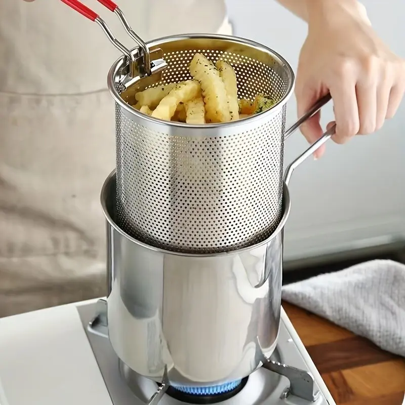 3pcs Stainless Steel Deep Fryer Set Including Fry Pot, Filter Basket & Food Clip, Rust Resistant Mini Frying Cookware, Portable Small Fryer for Home Kitchen, Perfect for Frying Chips, Chicken Wings and Various Fried Snacks Daily Cooking
