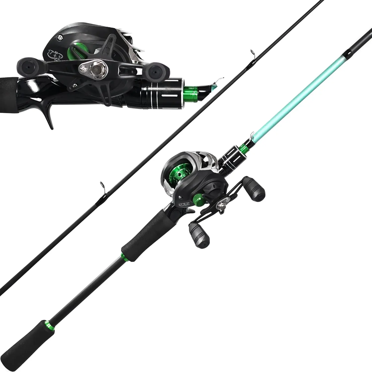 Fishing Rod and Reel Combo, Green Color Baitcasting Combo Baitcast Reel, 2- Baitcaster Rod, Durable Fiberglass with Comfortable EVA Handle