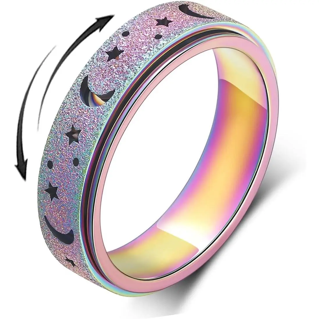 Anxiety Ring for Women Men, Titanium Stainless Steel Spinner Ring, 5 Colors, 6MM, Size 6-10, 3 Styles Anxiety Ring-Moon Star, Sandblasted Finished, Hollow Outerfidget toys