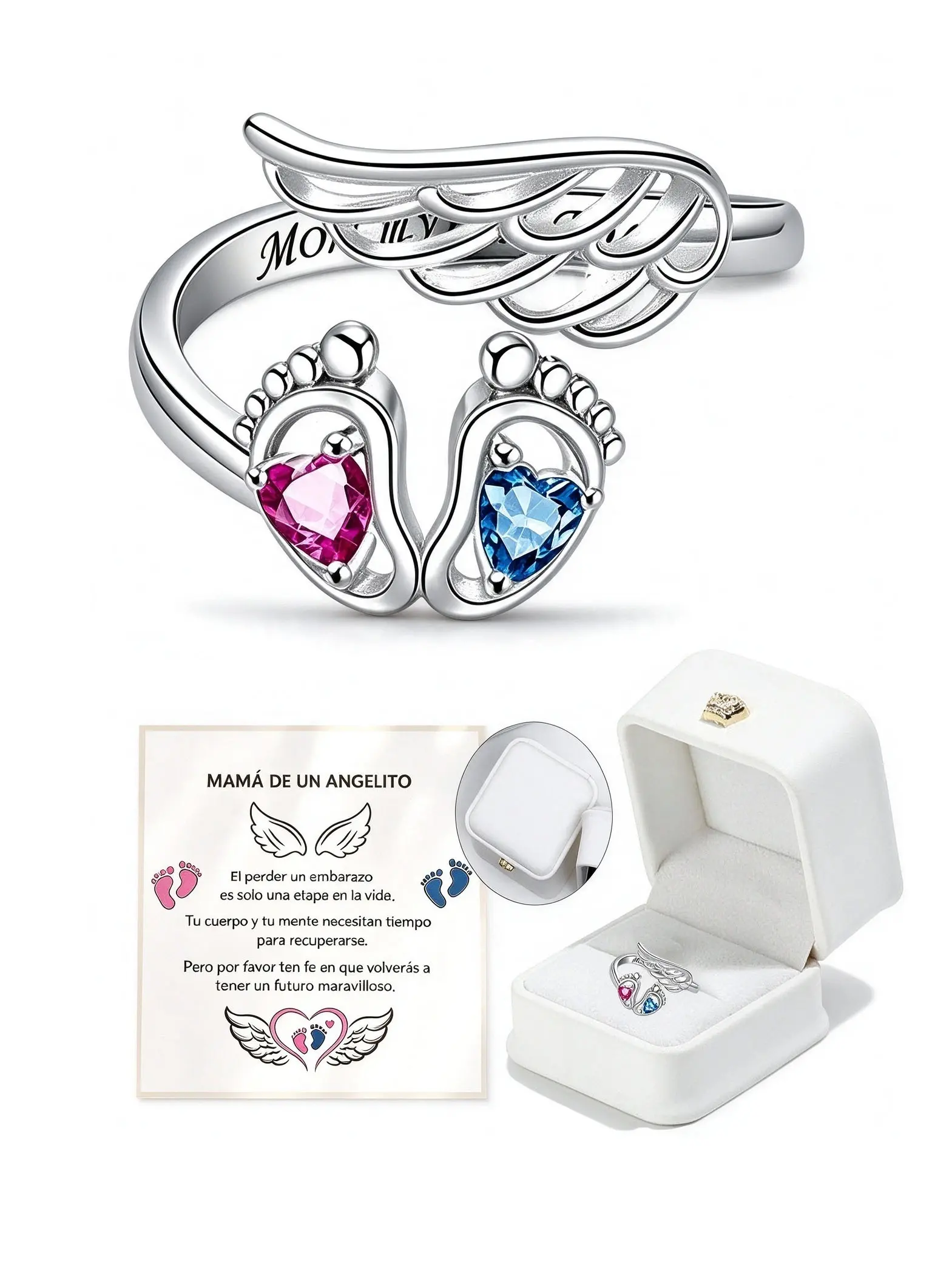 Mama De Un Angelito Memorial Ring, Angel Wing Baby Footprint Adjustable Open Ring, Pink Blue Heart Cubic Zirconia Remembrance Jewelry, Sympathy Gift Set With Spanish Message Card & Jewelry Box
