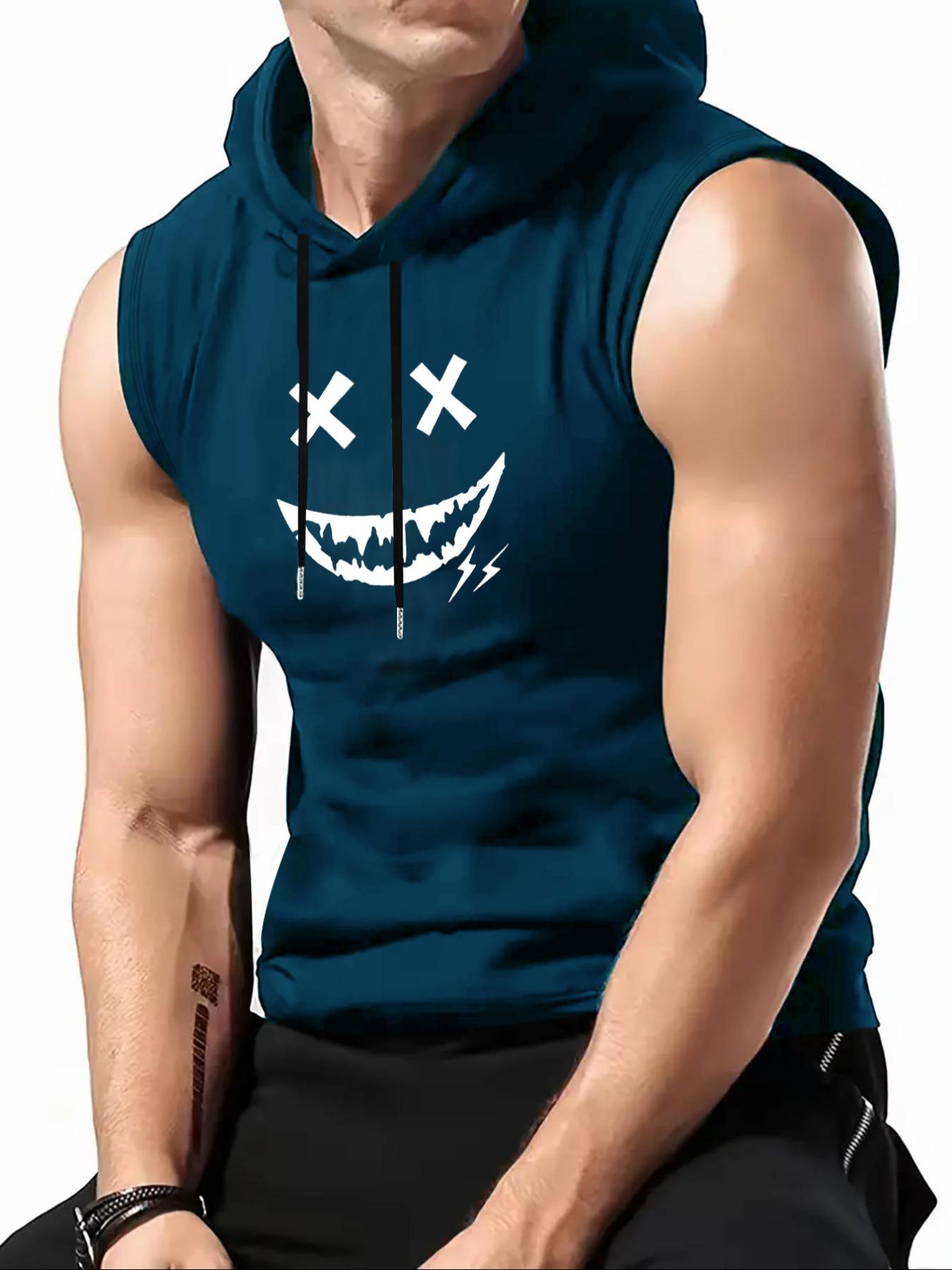 Men's Regular Fit Smile Face Print Tank Hoodie, Casual Graphic Sleeveless Hoodie for Summer, Fashion Men's Top for Daily Wear, Sweatshirts, Hot Trending Hoodies, Casual Sports Hoodie