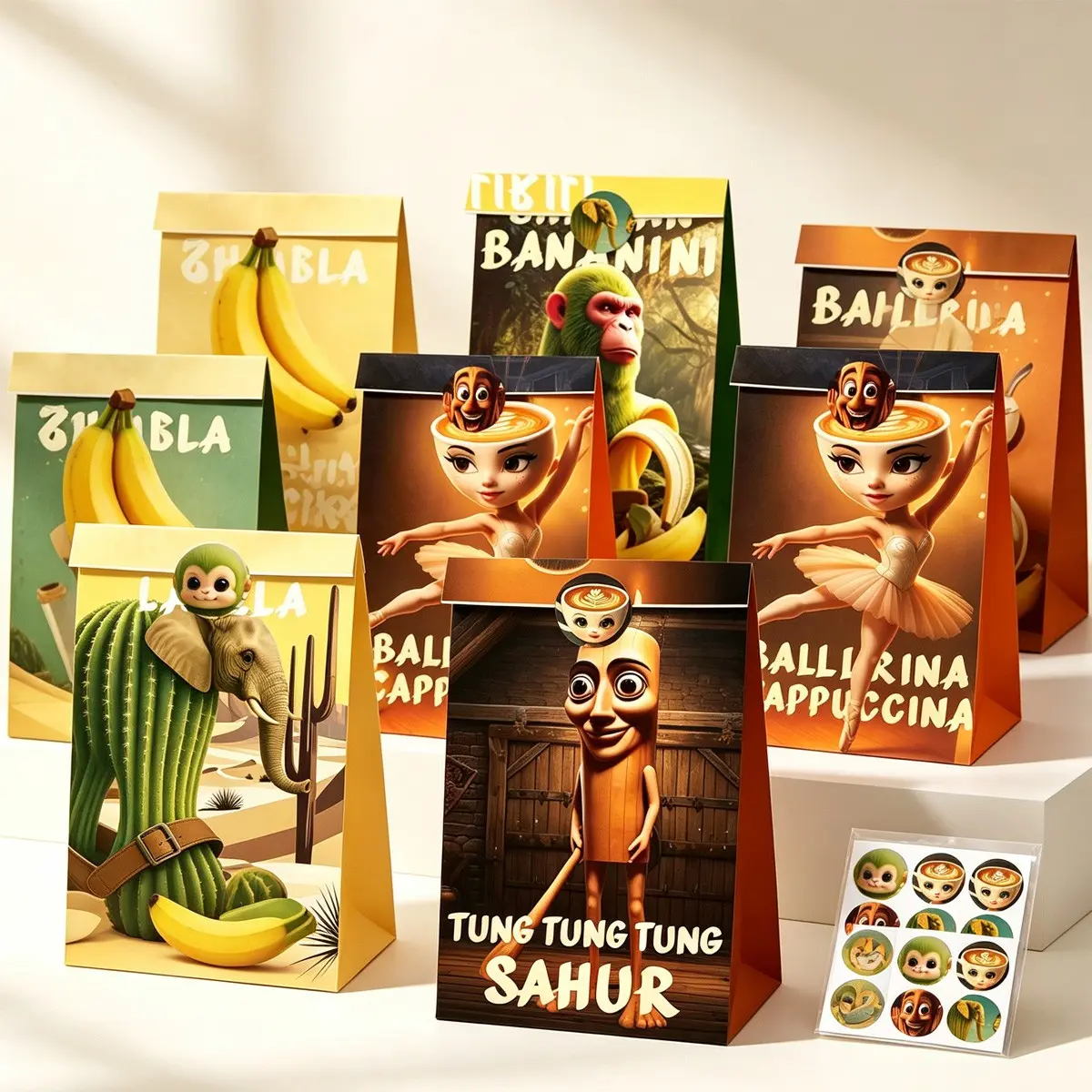 Tung Tung Tung Sahur Italian Brainrot Anime Theme Party Favor Bags Set, Birthday Party Gift Bags, Wedding Favors, Fun Event Accessories