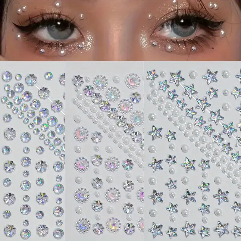 Self-Adhesive Face Gems Sheet, Crystal Pearl Rhinestone Stickers with Heart & Star Shapes for Body Art & Party Makeup, Random Colors, Bedazzled Makeup, Sticker Sheets, Hearts, Glittering, Multiple Shapes, Face Gems Stickers