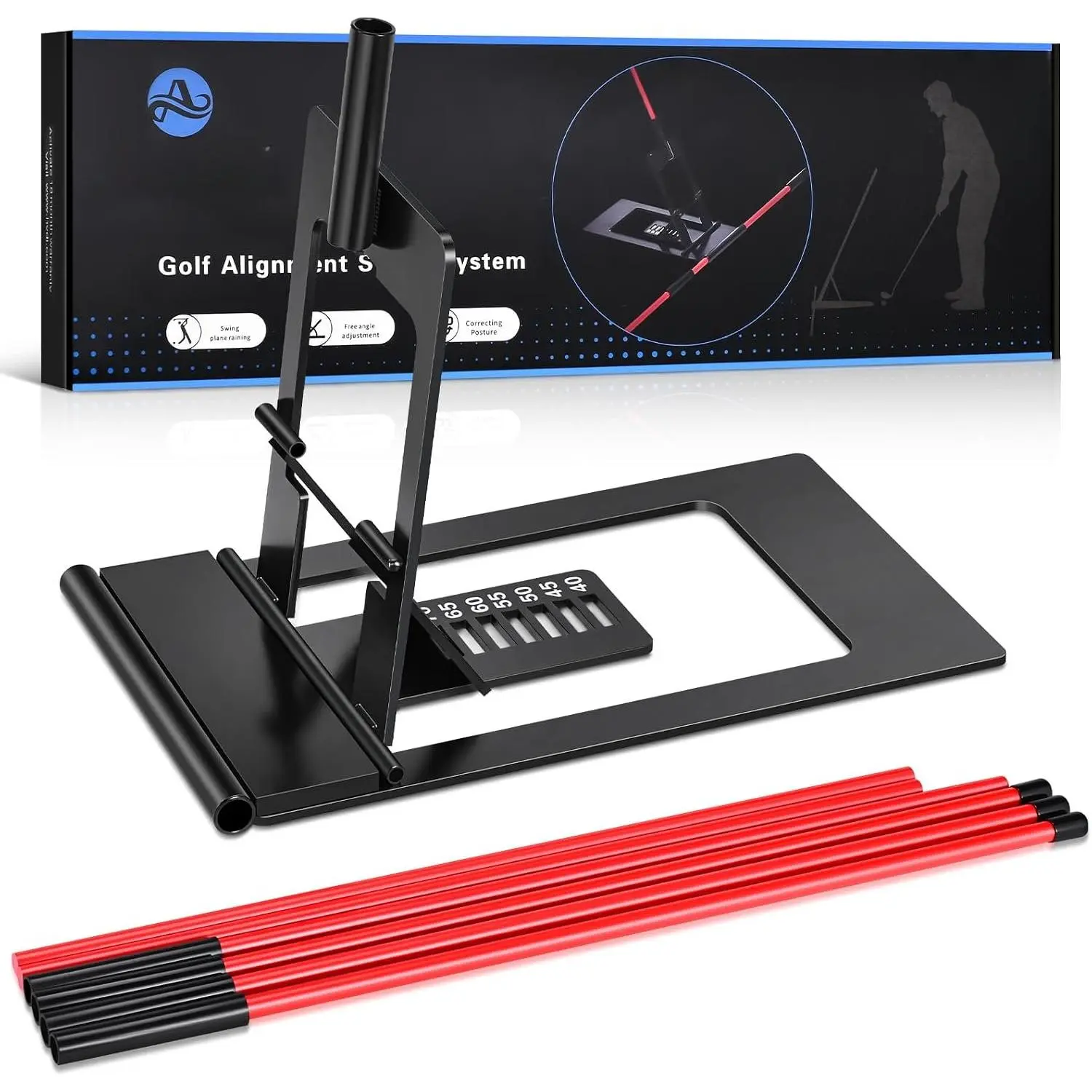 Golf Alignment Sticks Holder, Angle Adjustable Golf  Aid, Weighted Golf Swing Trainer with Metal Sticks Practice Teaching Aid for Aiming, Putting, Swing