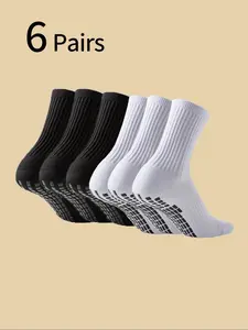 6 Pairs Youth Solid Anti-Slip Soccer Socks, Shock Absorbing Durable Towel Bottom Sports Basketball Socks, Sweat-Wicking Breathable Crew Socks