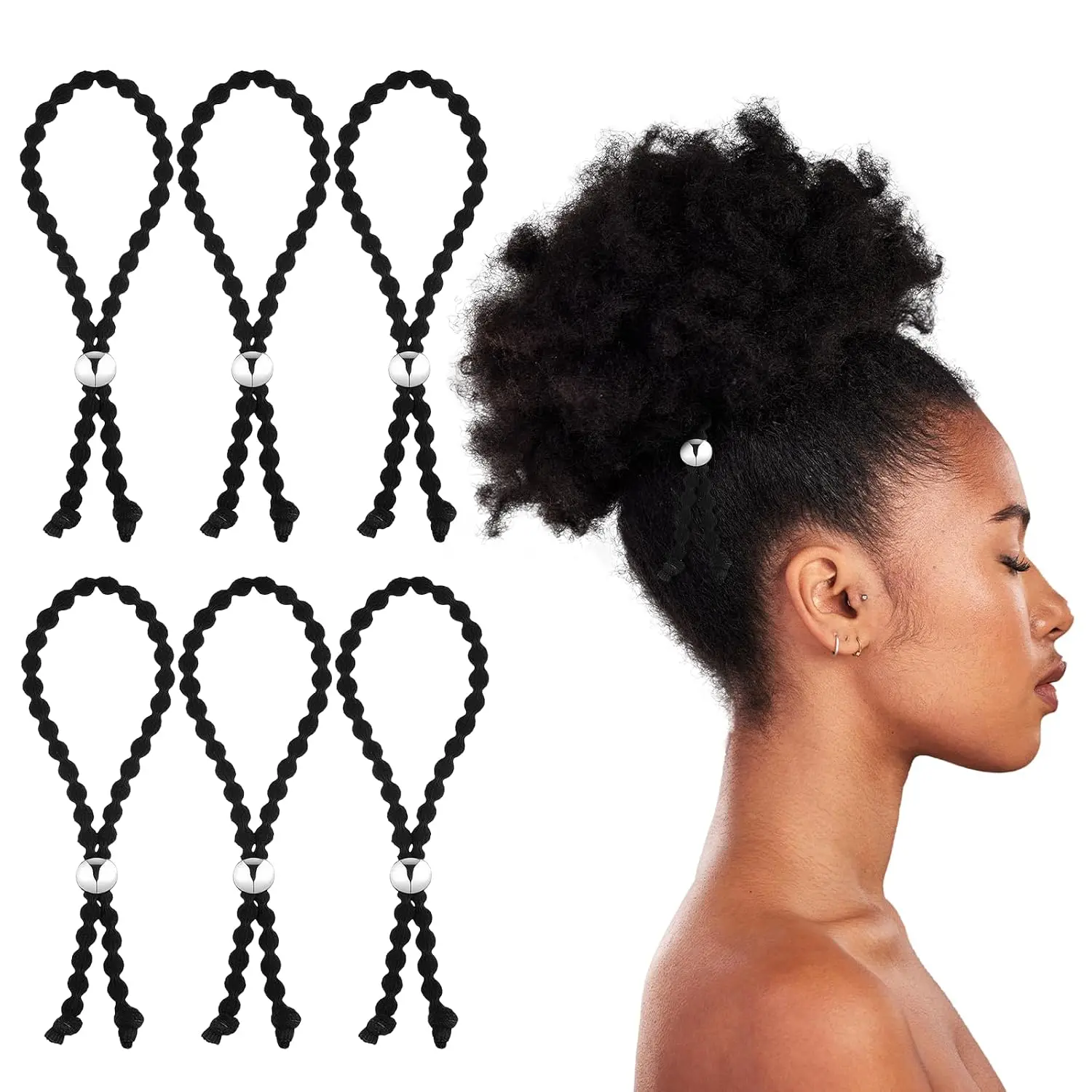 6 count Adjustable No-Slip Hair Ties Black Drawstring Hair Accessories Silk Soft Afro Puff Cuff Drawstring Ponytail Holders Satin Hairband Black Elastic Hairs Scrunchies for Curly Thick Heavy Hairs