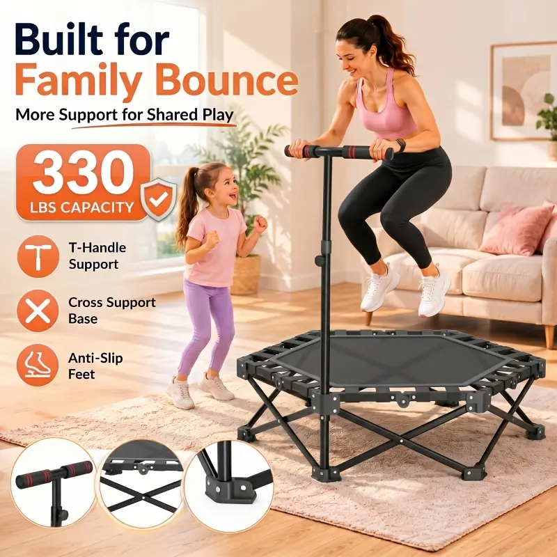 42'' Rebounder Trampoline for Adults, Foldable Mini Trampoline with Adjustable T-Handle, Indoor Fitness Trampoline with Springless Fabric Straps, 330 LBS Exercise Trampoline for Home Gym