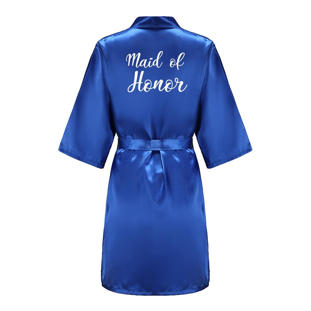 Wedding Party Team Bride Robe With White Letters Kimono Satin Pajamas Bridesmaid Royal Blue Bathrobe