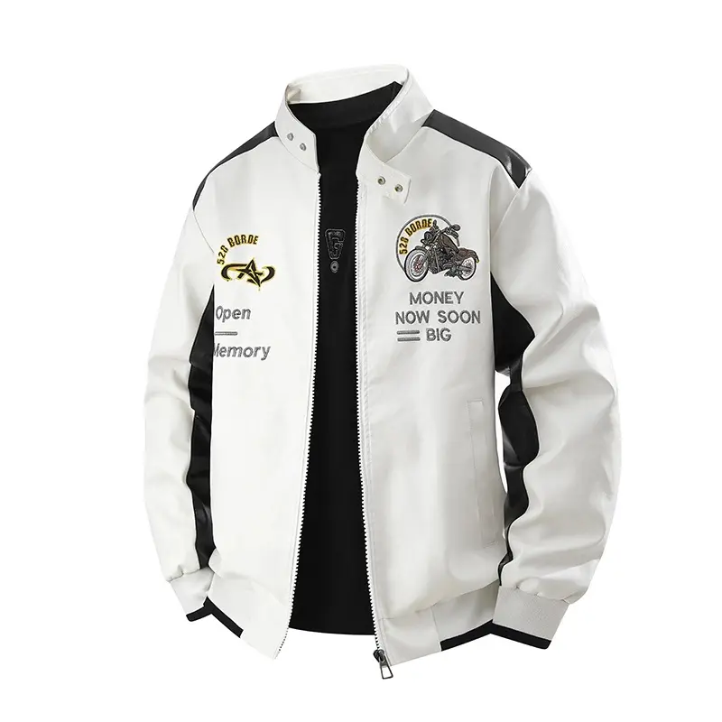 Guys Racing Biker PU Leather Jacket Stand Collar Motorcycle Graphic Embroidery Colorblock Bomber Coat Everyday Casual Outerwear Streetwear Male Fashion Clothing cozy soft cool clean chic active sporty casual premium classic stylish durable trendy 3-Colors