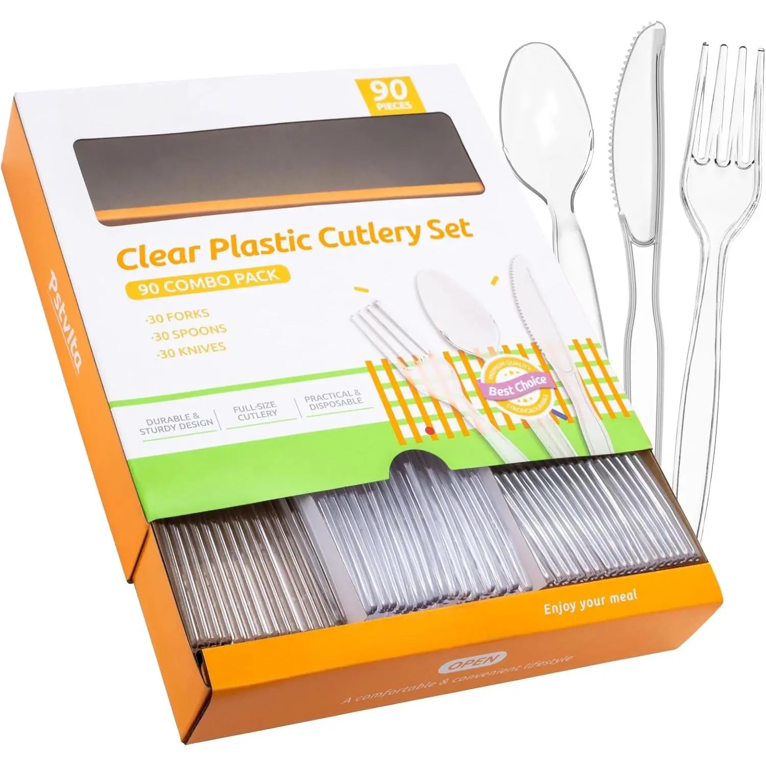 Heavy Duty Plastic Silverware - Clear Utensils Disposable Cutlery Set Pack of 90-30 Forks 30 Spoons 30