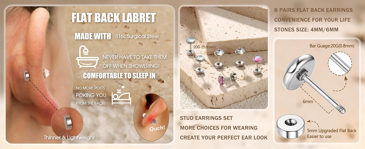 MILACOLATO Hypoallergenic Flat Back Earrings for Women Small Surgical Steel Nap Sleeper Earrings Cute Opal Turquoise Moonstone Earrings Cartilage Helix Tragus Piercing Silver Studs Earrings 20G