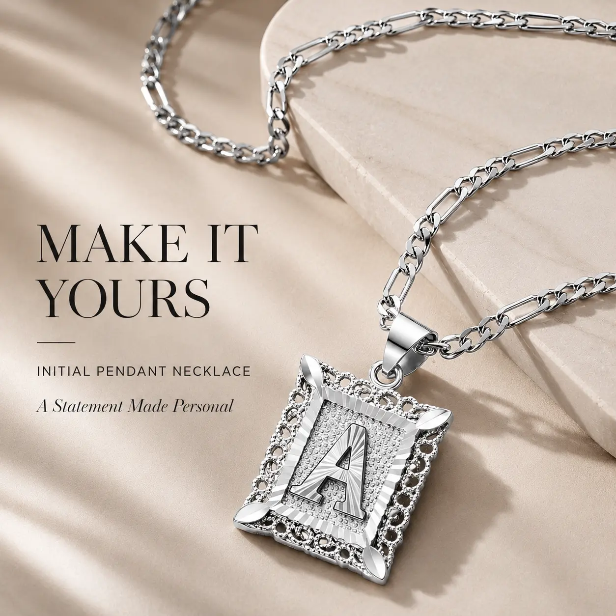 304L Stainless Steel Personalized Square Capital Monogram Pendant Necklace for Men Women, Trendy Silver Plated Initial Letter A-Z Pendant Figaro Chain Jewelry Festivals, Birthdays, and Special Occasions