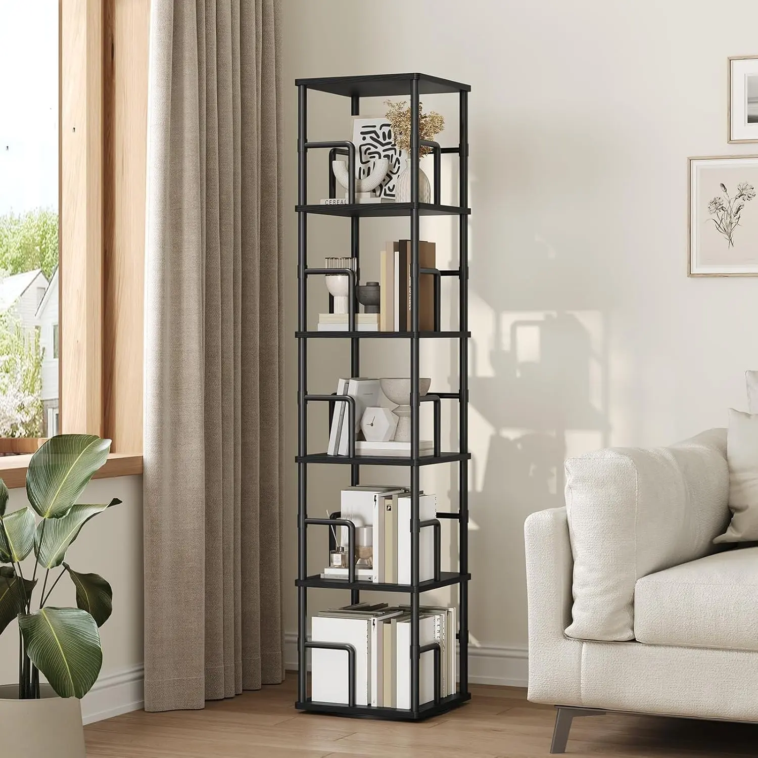Black 5-Tier Multi-Tiered Rotating Bookshelf - Freestanding Corner Bookcase with Metal Frame, Sturdy Base, Rails, Industrial Look, Spins 360°, for Living Room, Bedroom, Model BKBK1601