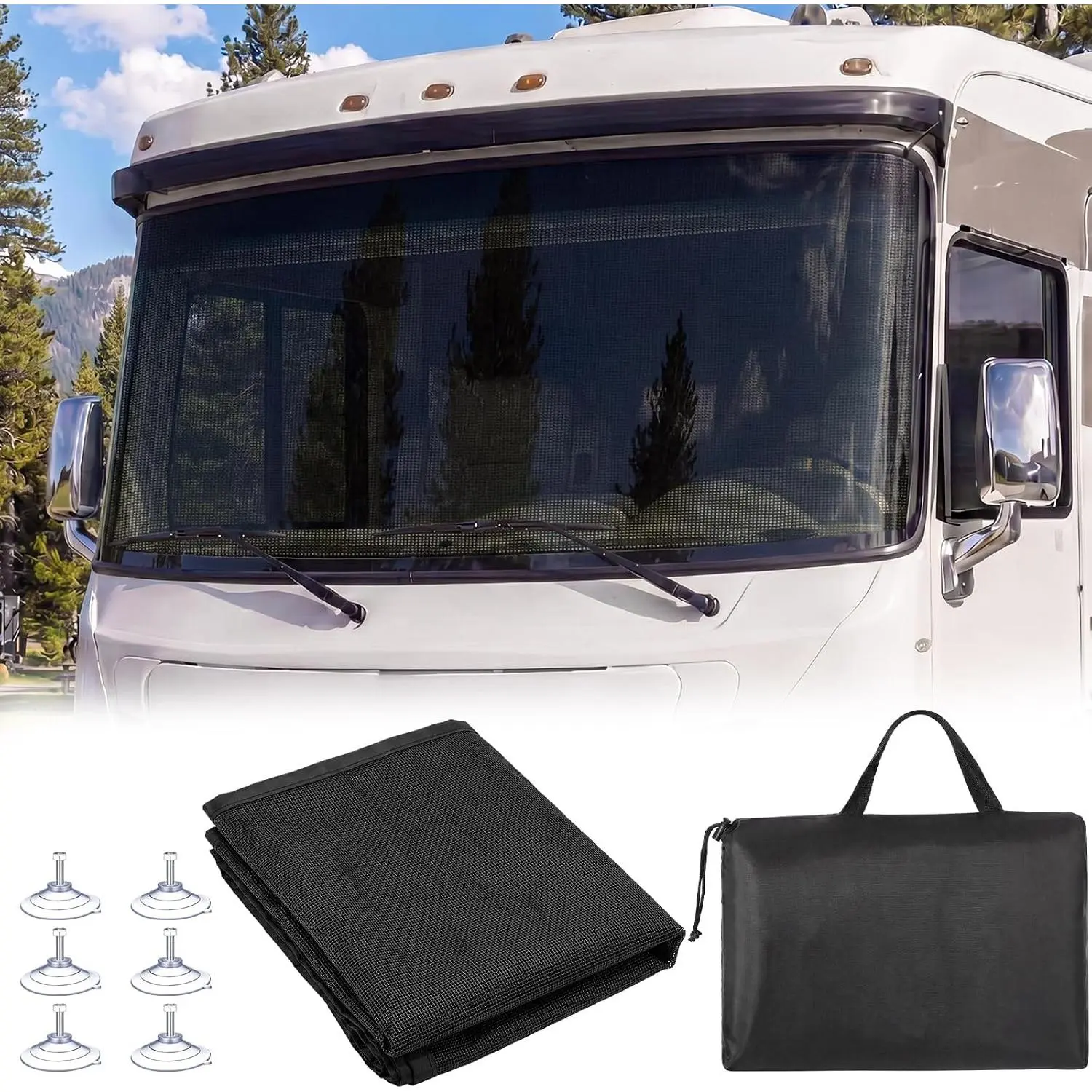 Class A RV Windshield Cover  Shade, 108" W x 46" L Interior Sunshade UV Block Window Curtain with Suction Cups for Class A RV Motorhome Camper Front Windshield Blackout Cover