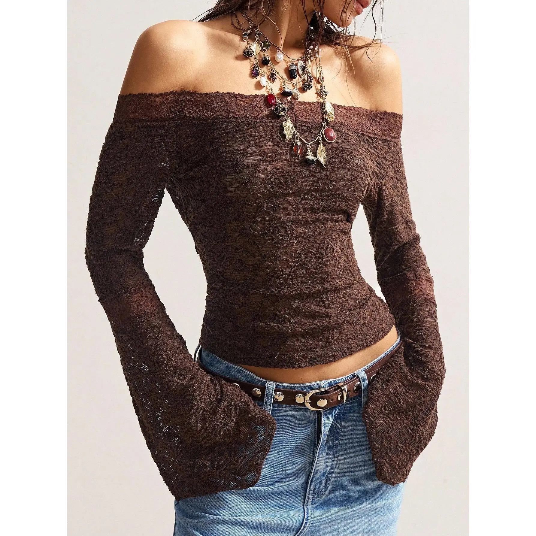 Boho Gothic Lace Off The Shoulder Tops Bell Sleeve Sheer T Shirts Fitted Crop Tops