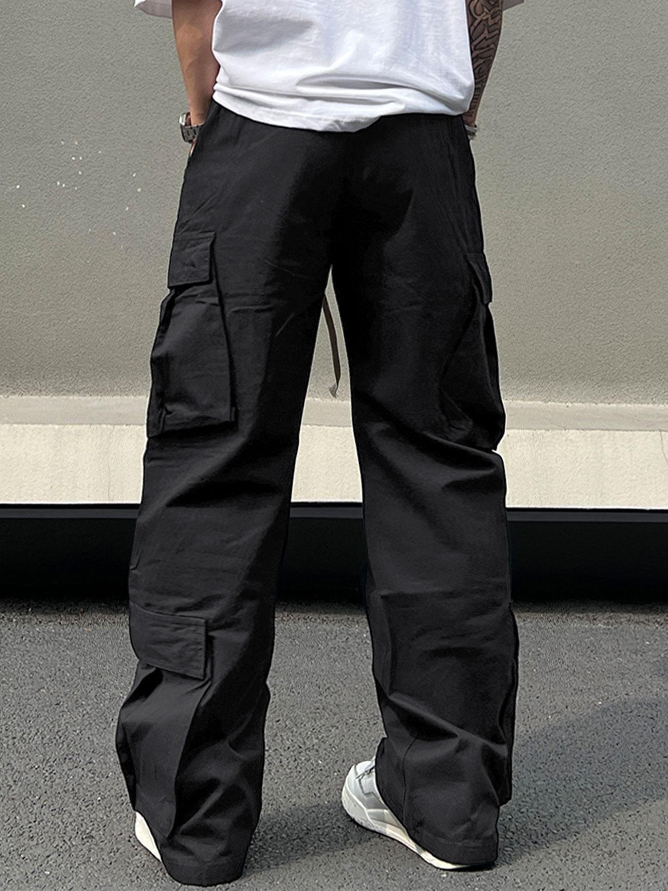 Men's Solid Pocket Drawstring Cargo Pants, Loose Street Straight Leg Trousers, Mens Clothing, Summer Pants, Men's Bottoms for Daily Wear