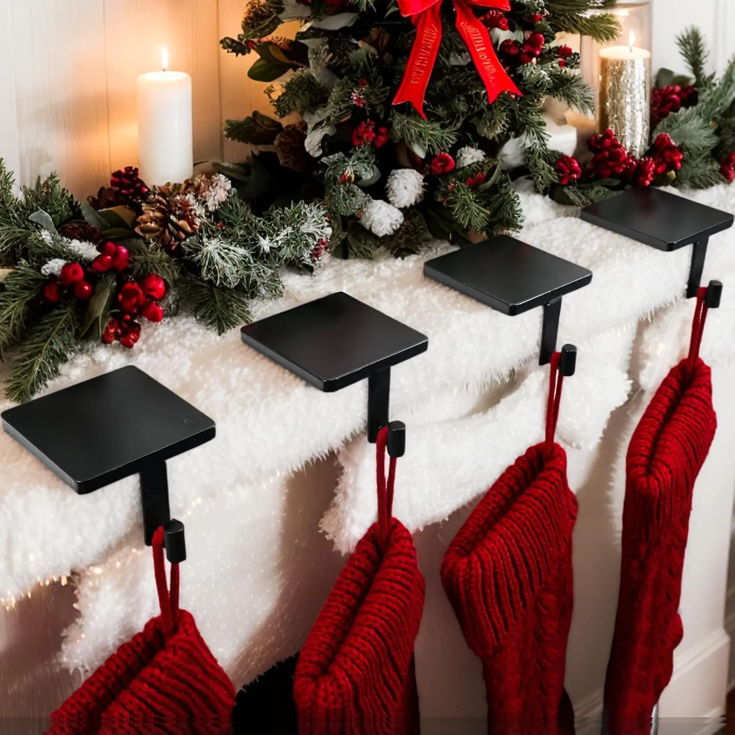 Christmas Stocking Holders for Mantle Set of 4 Heavy-Duty Cast Iron Xmas Stocking Hangers Hooks for Mantel with Protective Pad for Fireplace Home Shelf (Black)