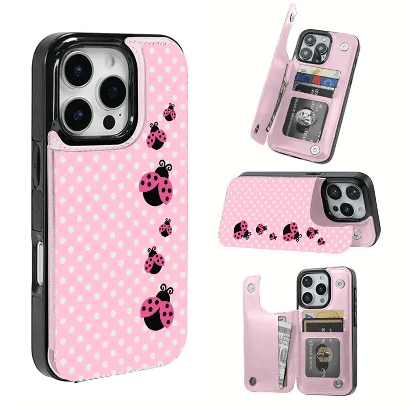 Cute Pink Polka Dot Ladybug Card Holder Phone Case, This phone case features a card slot function, can store bank cards, transit cards and other cards, suitable for iPhone 17/16/15/14/13/12, and makes a great gift for girls.