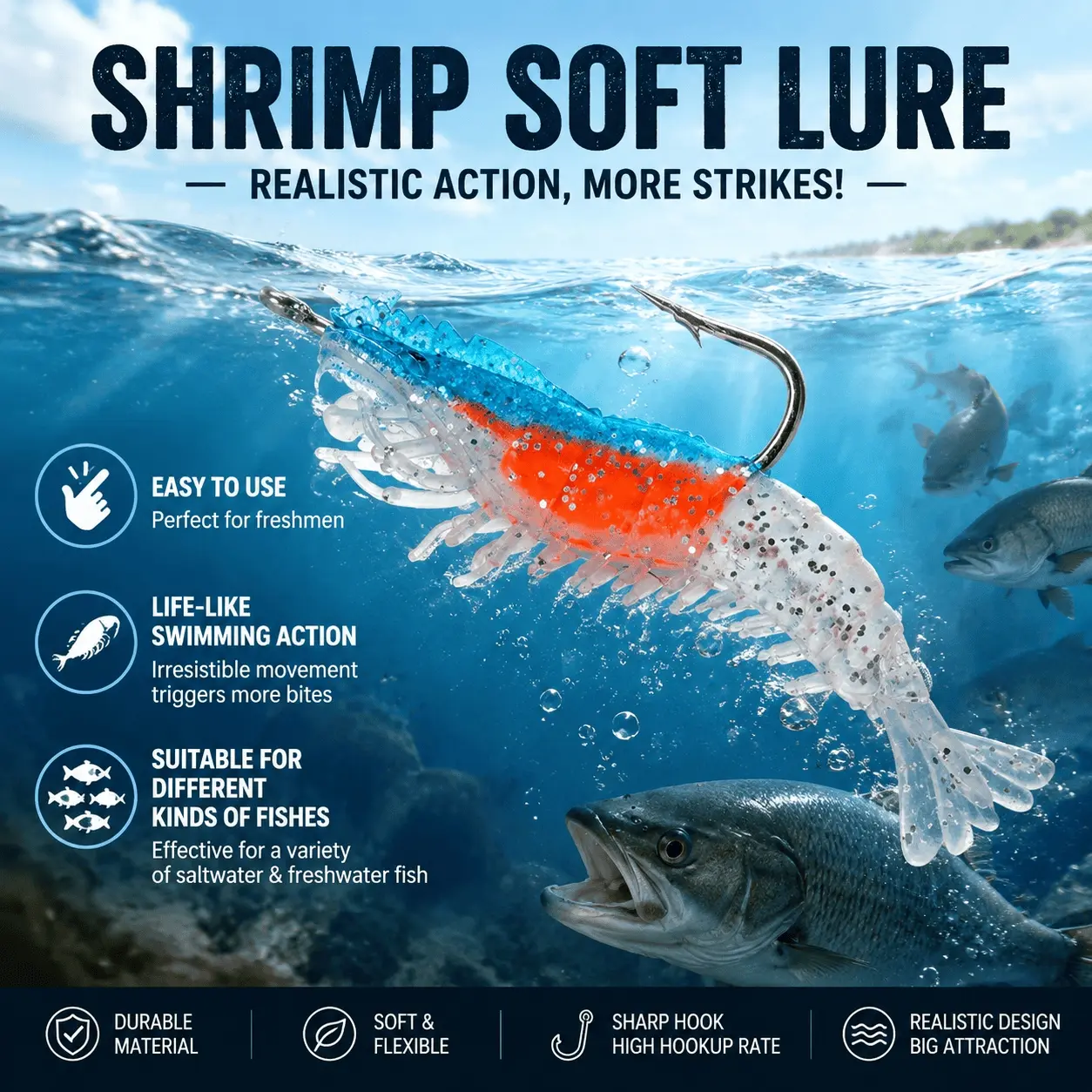 Soft Silicone Lure 6cm 3g Wobbling Shrimp Bait with Rustproof Hook for Freshwater Saltwater Fishing Bass Catfish Carp Tackle Single Pack Outdoor Fishing Equipment Soft Fishing Lures