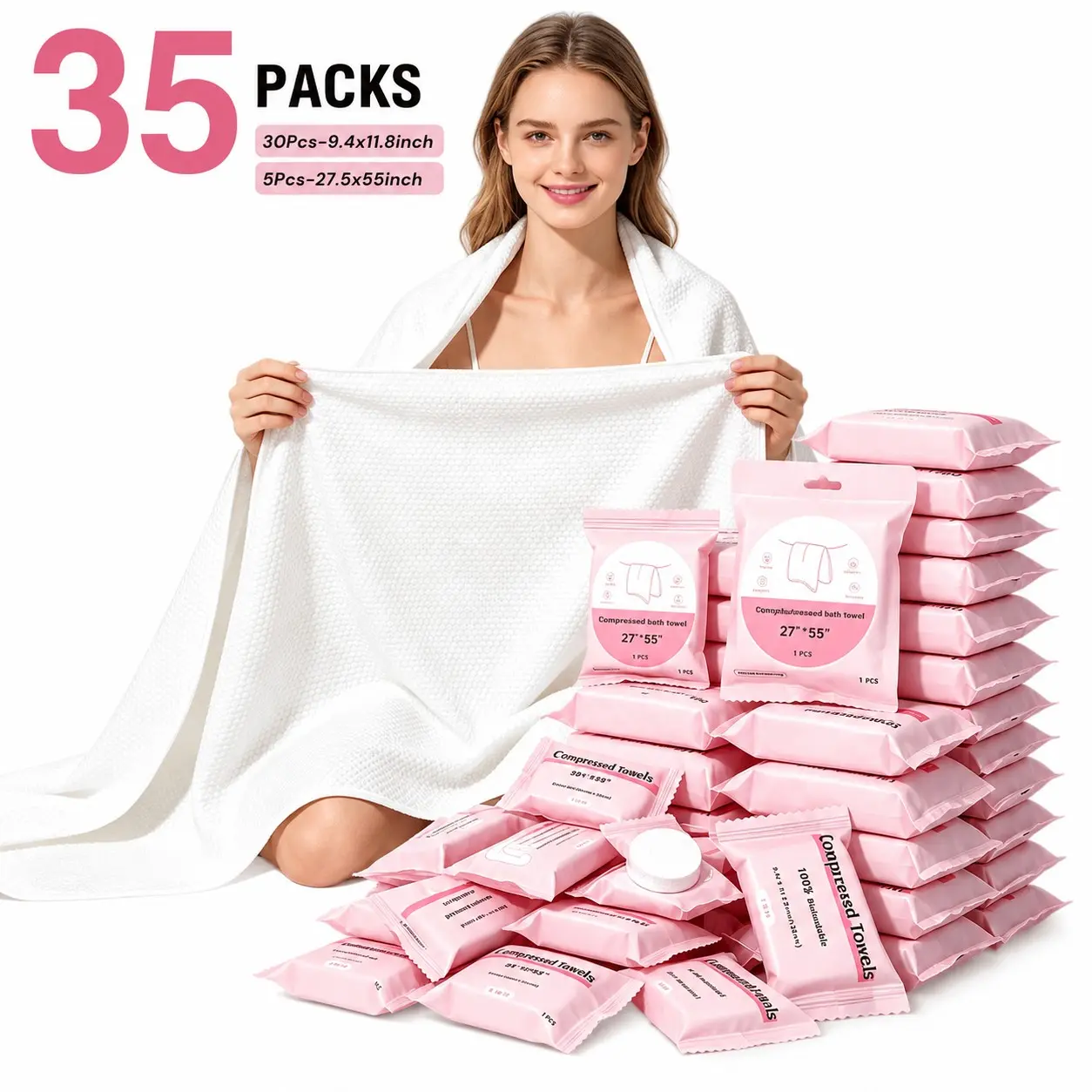 Extra Large&Thick Compressed Towel Tablets, Disposable Coin Tissue for Travel, Portable Face Towels Compressed Bath Towels,9.4x11.8 Inch&27.5x55inch Soft Durable Compressed Towels for Camping Outdoor On The Go (30Pcs Face Towels&5Pcs Bath Towels )