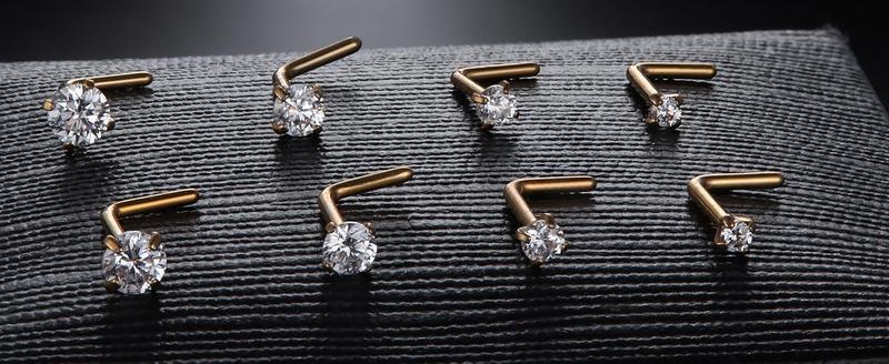 LOYALLOOK 8counts Nose Rings Studs Titanium Nose Rings 20G/18G Corkscrew Nose Ring L Shape Nose Studs Diamond CZ Silver Gold Nose Screw Rings Studs Hypoallergenic Nose Piercing Jewelry 1.5mm 2mm 2.5mm 3mm Gauge Size Trendy Modern Fashion